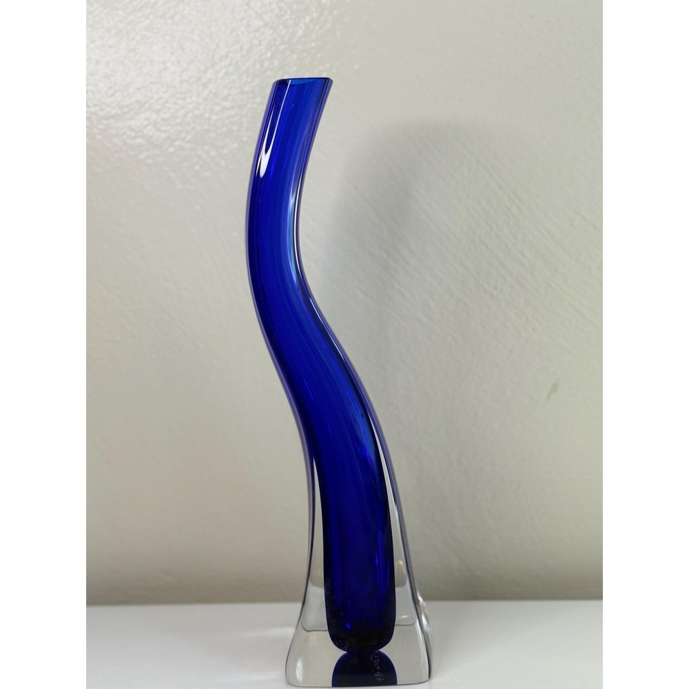 Giuliano Tosi Murano Glass Vase Signed 99 Cobalt Blue Clear Italian Oggetti